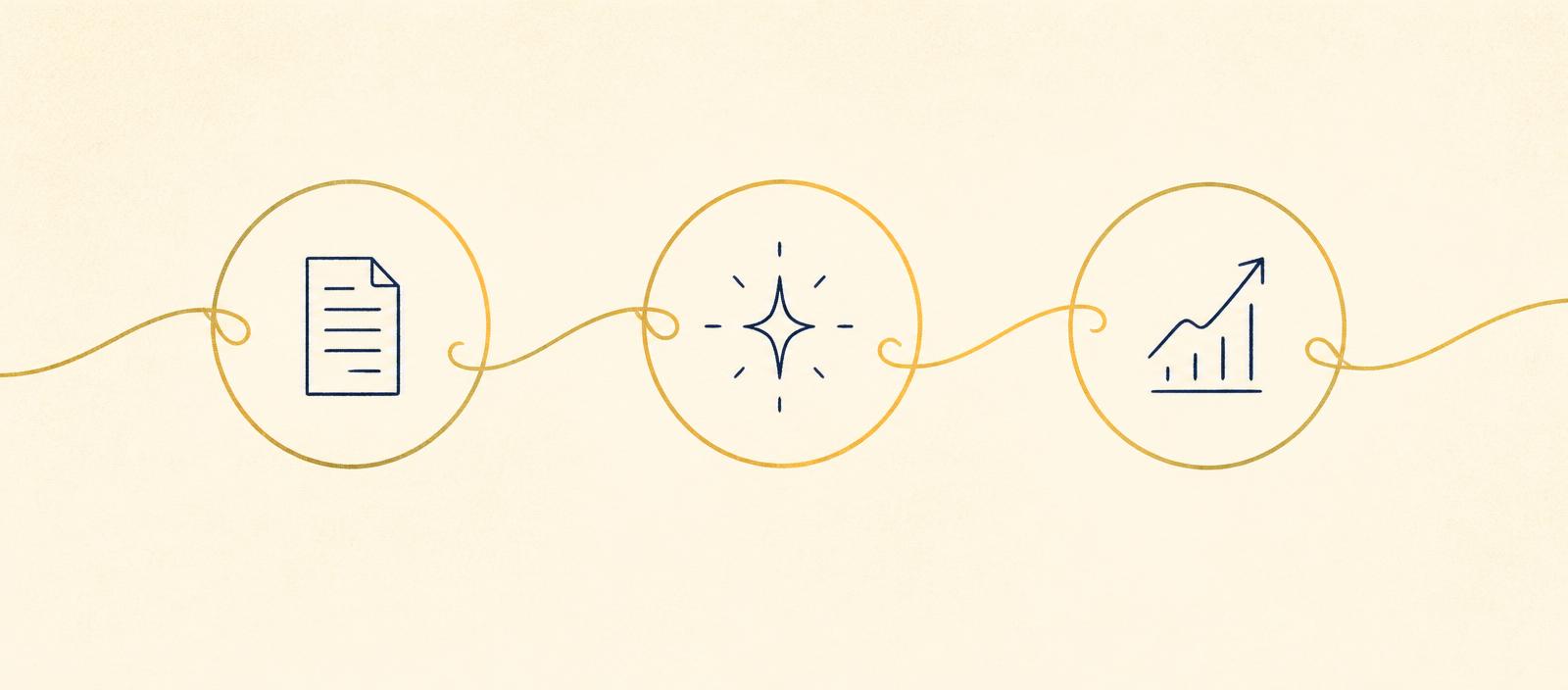 Minimal editorial illustration of a three-step Ace workflow: draft, spark, growth