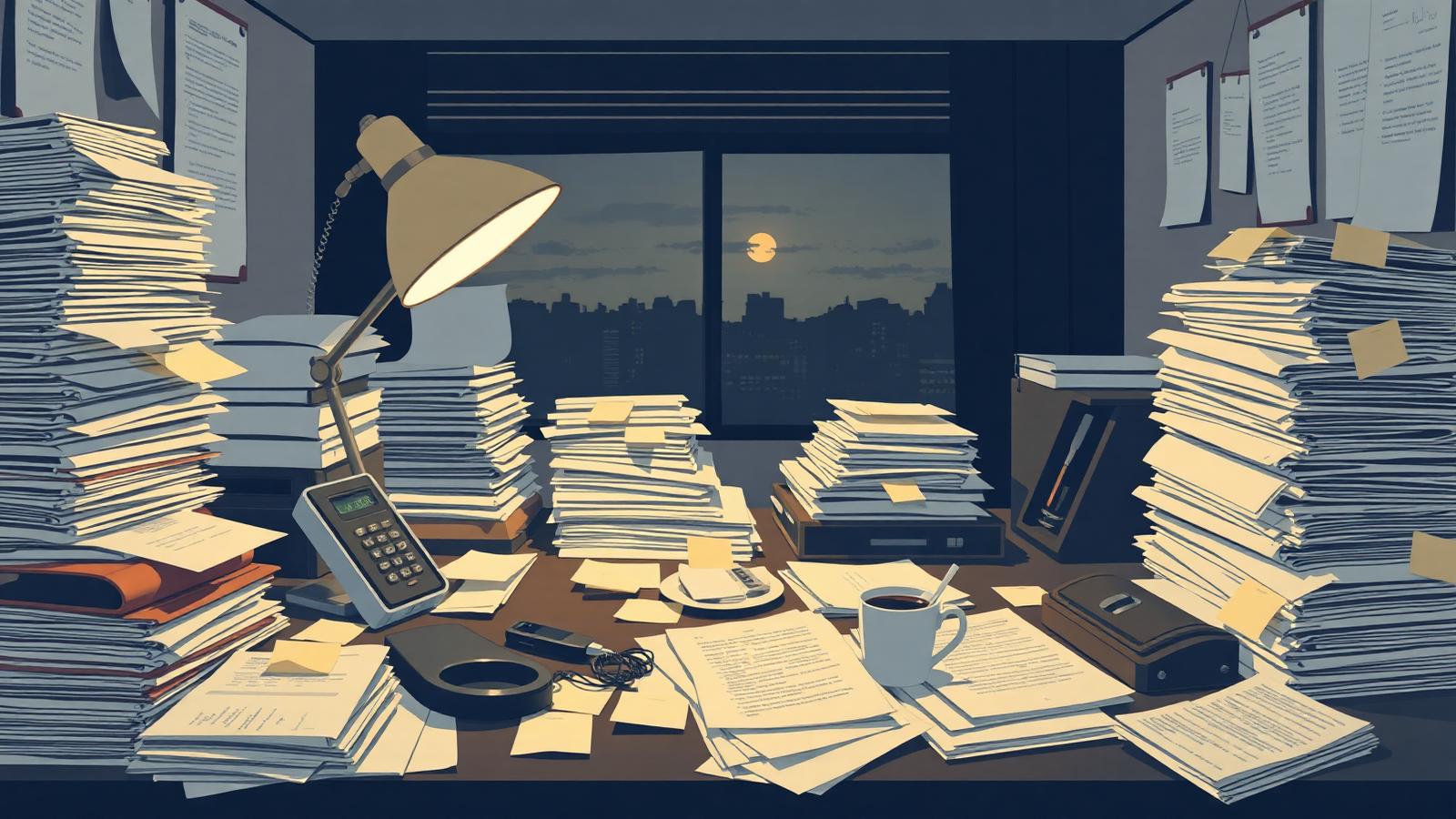 An overwhelmed agent's desk at dusk, stacked with paperwork under a warm lamp