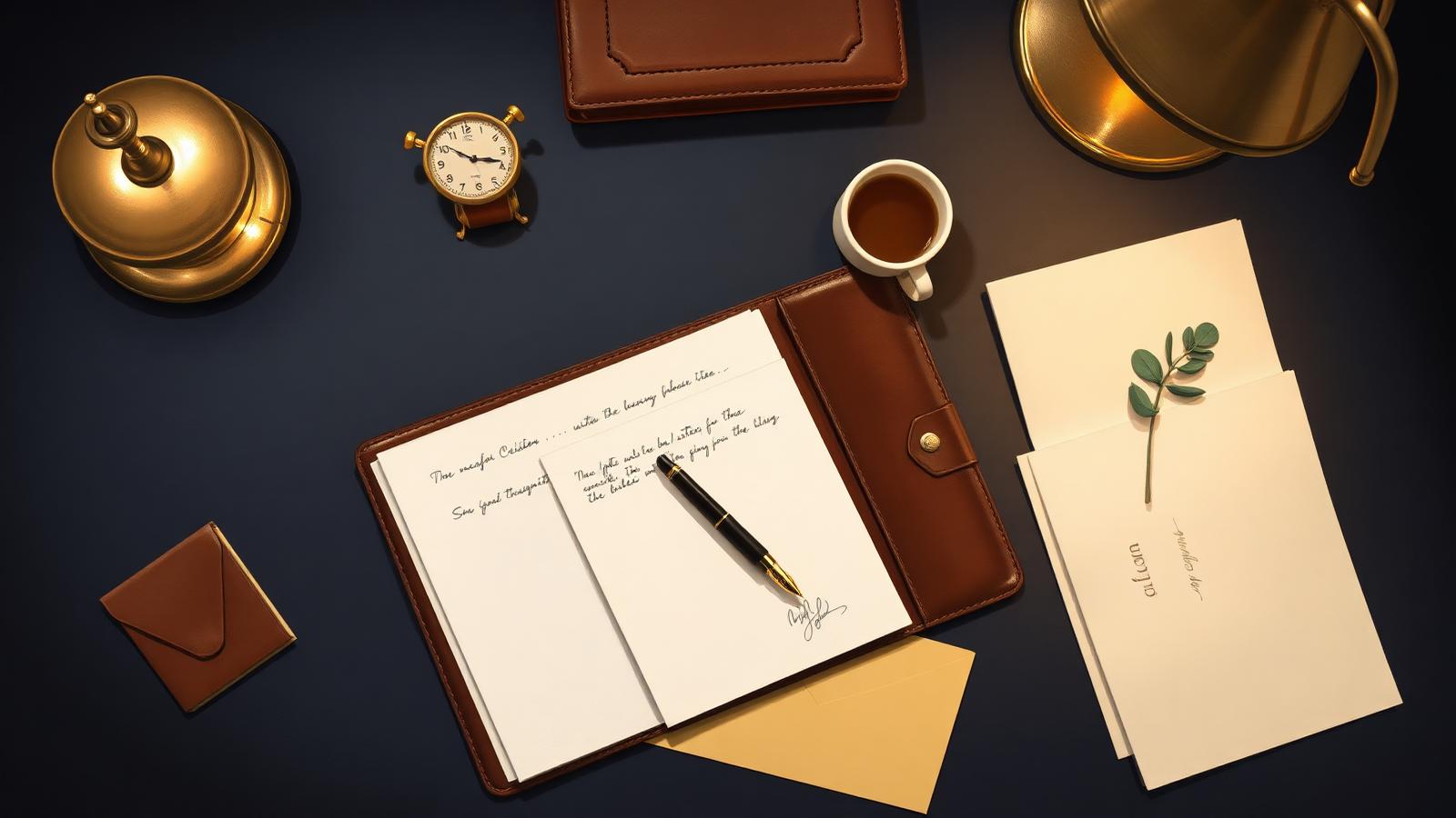 A tidy agent's desk with signed letters, a fountain pen, and a warm lamp glow